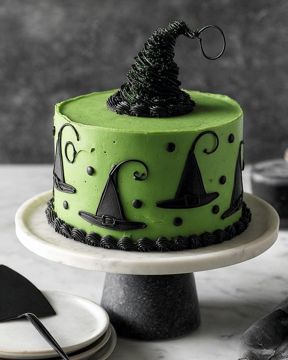 The cake has one tall layer covered in bright green frosting with a smooth texture. Around the side of the cake, there are many black witch hat shapes outlined in a thin line style. Small black round sprinkles are scattered between the hats on the green surface. On top of the cake, there is a swirl of black frosting in the center, topped with a black witch hat made of chocolate or similar material. The cake sits on a black stone stand with a round flat top and thick base. The surface beneath the stand is a white marbled texture. Photo taken with an iphone --ar 4:5 --v 7