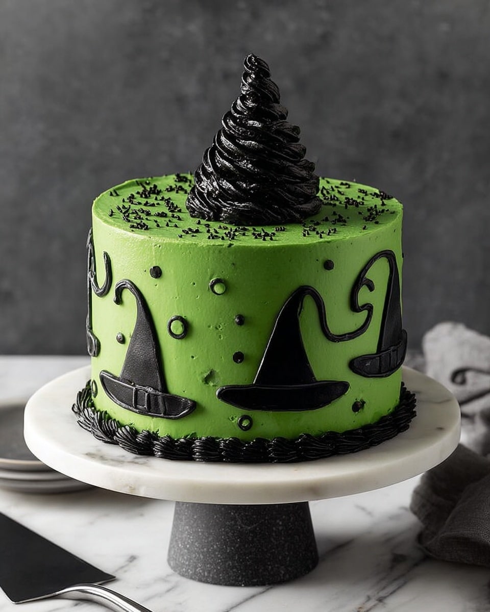 A round cake with bright green frosting covers all sides smoothly. Around the sides, there are black chocolate outlines of witch hats evenly spaced and small black dots between them. The top of the cake has a large black chocolate swirl in the center, topped with a thin, tall, pointed black chocolate witch hat shape, and scattered small black sprinkles around it. The cake is placed on a tall black cake stand with a smooth texture. The background and surface are white marble texture. photo taken with an iphone --ar 4:5 --v 7