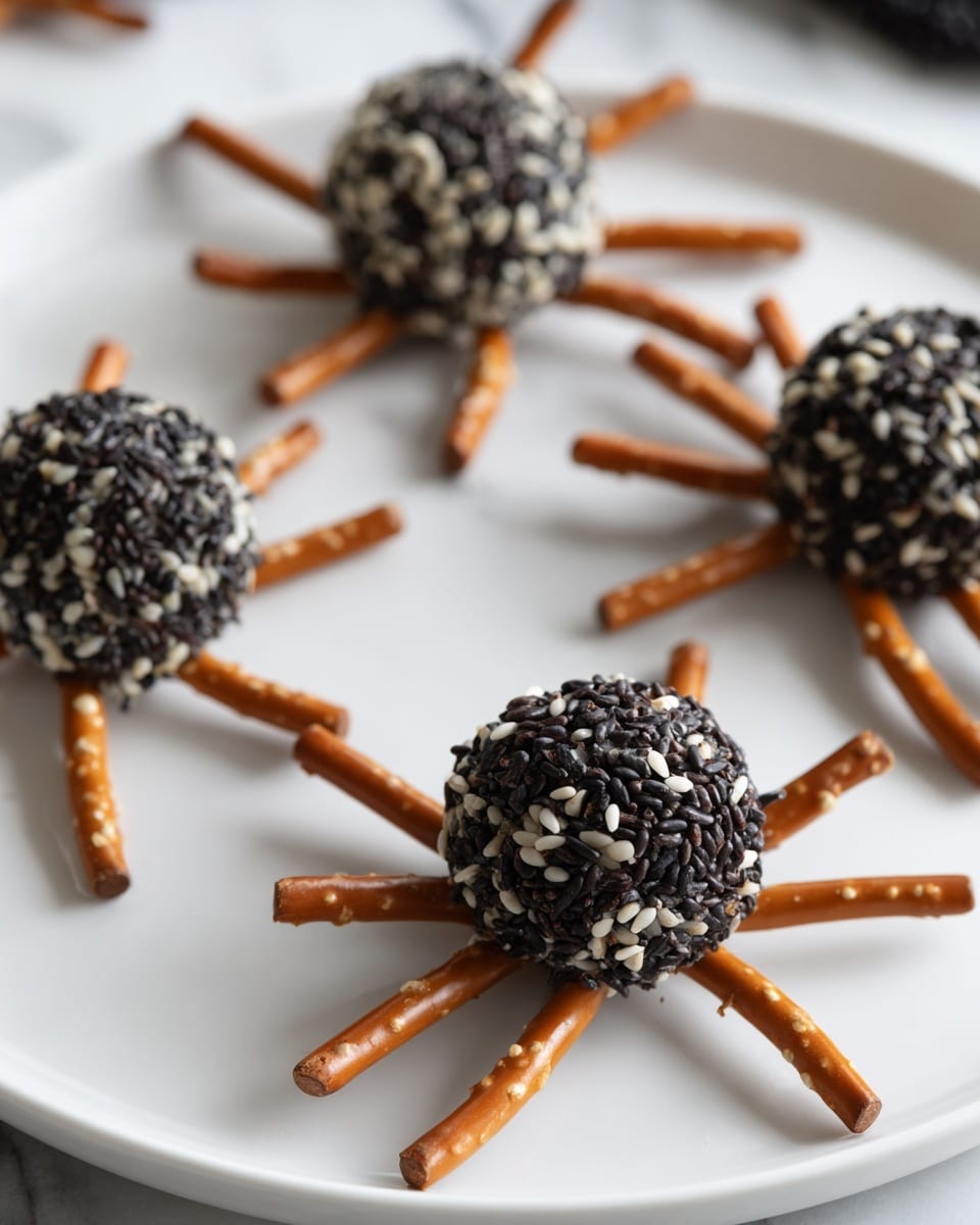 The image shows a close-up of a light-skinned woman's hand holding a small knife and spreading a black-coated cheese ball on a wooden board. The cheese ball is covered in black sesame seeds and has pretzel sticks inserted on all sides, making it look like a spider with many thin, brown legs. In the background, there is a bunch of green grapes adding a green, fresh color to the scene. Around the cheese ball are similar pretzel-coated black cheese ball spiders on a soft textured black cloth. The table is covered with a white marbled surface, with a white plate and silver forks blurred in the foreground and a glass cup and wine glass blurred in the background. The overall feeling is of a gourmet snack board with a creative, festive touch. photo taken with an iphone --ar 4:5 --v 7