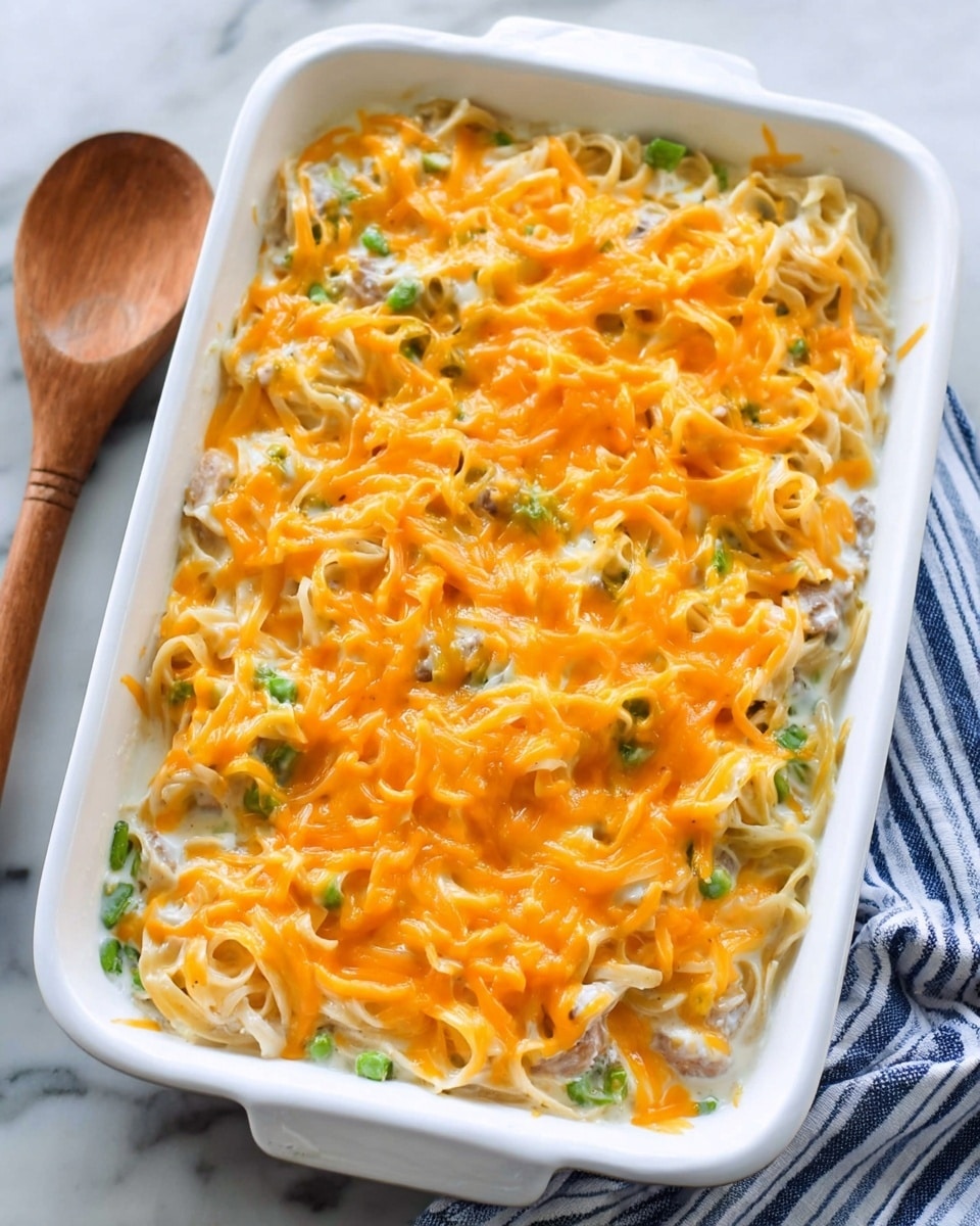 A white rectangular baking dish filled with a creamy noodle casserole that has a top layer of melted orange cheese. The casserole has three visible layers: a bottom layer with small bits of light green vegetables and creamy sauce, a middle layer of white noodles mixed with the creamy sauce, and the top layer covered fully in melted orange cheese with a slightly textured surface. A silver spoon is lifting a portion from the dish, showing the noodles and sauce blend with orange cheese on top. The dish is set on a white marbled surface with a green and white striped cloth partially underneath. Photo taken with an iphone --ar 4:5 --v 7
