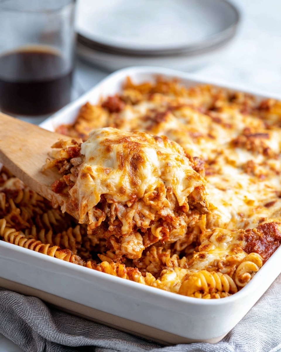 The image shows a white textured bowl filled with a layered pasta dish. The bottom layer is spiral pasta coated in a rich, orange-red sauce. On top, there is shredded cooked chicken with a light brown color mixed with the pasta. The top layer is melted cheese, light golden and slightly bubbly, covering most of the chicken and pasta. A fork is lifting some shredded chicken from the bowl, showing the texture of the chicken pieces. In the background, there are more bowls and a glass with a dark drink, all set on a white marbled surface. photo taken with an iphone --ar 4:5 --v 7