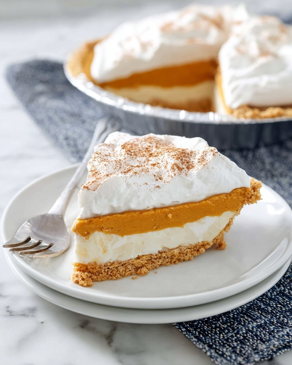 The image shows a slice of three-layer pie on a white plate with a fork next to it. The bottom layer is a crumbly beige crust, the middle layer is a smooth white cream, and the top layer is a thick orange filling. The pie slice is topped with a thick white whipped layer sprinkled with cinnamon. In the background, the rest of the pie, missing one slice, is in a shiny metal pie pan on a white marbled surface. photo taken with an iphone --ar 4:5 --v 7