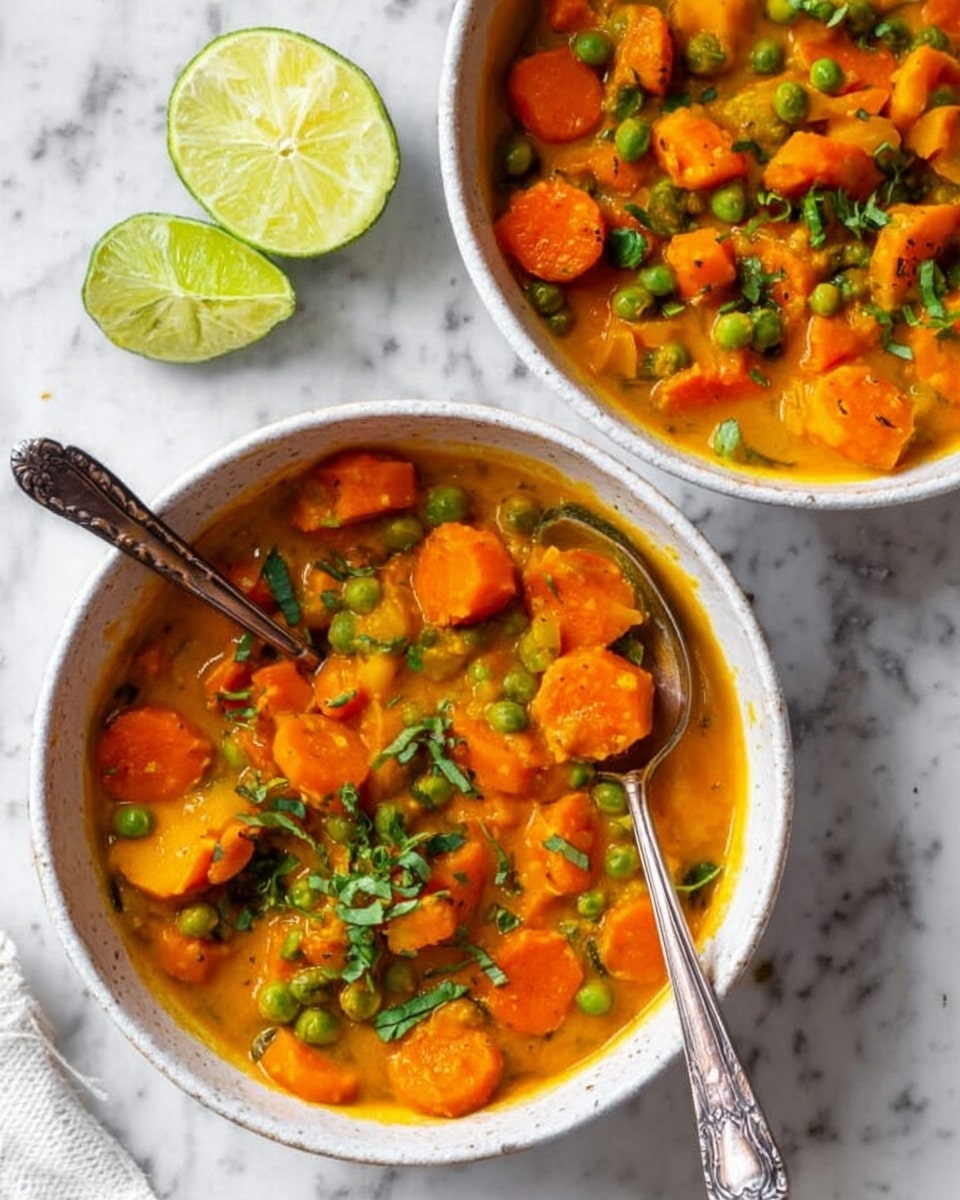 The image shows a white bowl filled with a thick orange-yellow stew that has visible slices of bright orange carrots and green peas mixed throughout, along with chunks of golden-brown tofu or paneer. The stew looks creamy with a smooth texture, and small fresh green herb leaves are scattered on top for garnish. A metal spoon is placed inside the bowl with its handle leaning out. The bowl sits on a white marbled surface with a light cloth nearby and a second bowl with the same stew is partially visible at the bottom. photo taken with an iphone --ar 4:5 --v 7