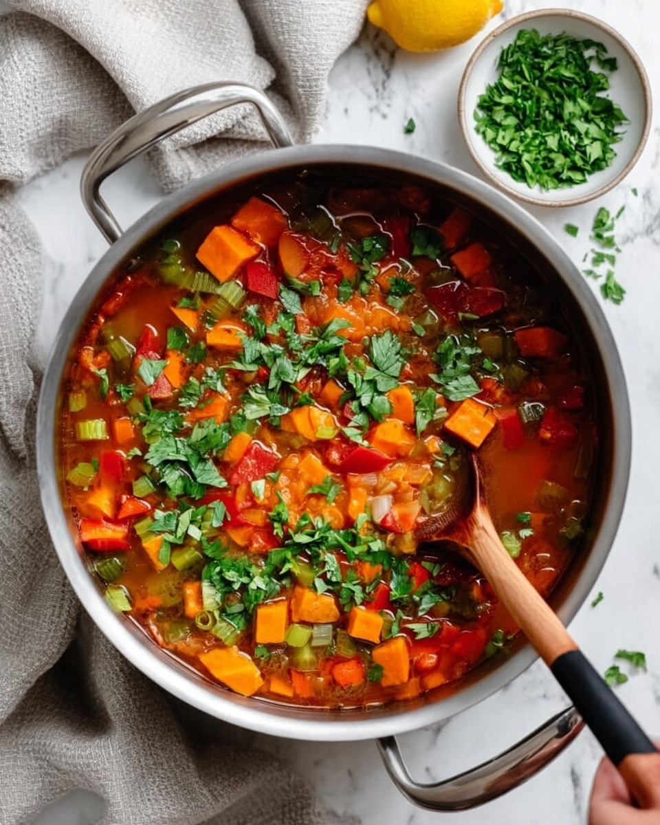 A close-up of a white pot filled with thick vegetable stew in a rich brownish-red broth. The stew has several layers of colorful vegetables and lentils: bright orange carrot slices, golden-yellow chunks of squash, light purple onion pieces, red bell pepper strips, and small brown lentils. Some bits of green herbs float on the top adding a fresh touch. A black ladle scoops up a mix of these ingredients in the center, showing the different textures from soft to firm. The pot sits on a white marbled surface. Photo taken with an iphone --ar 4:5 --v 7