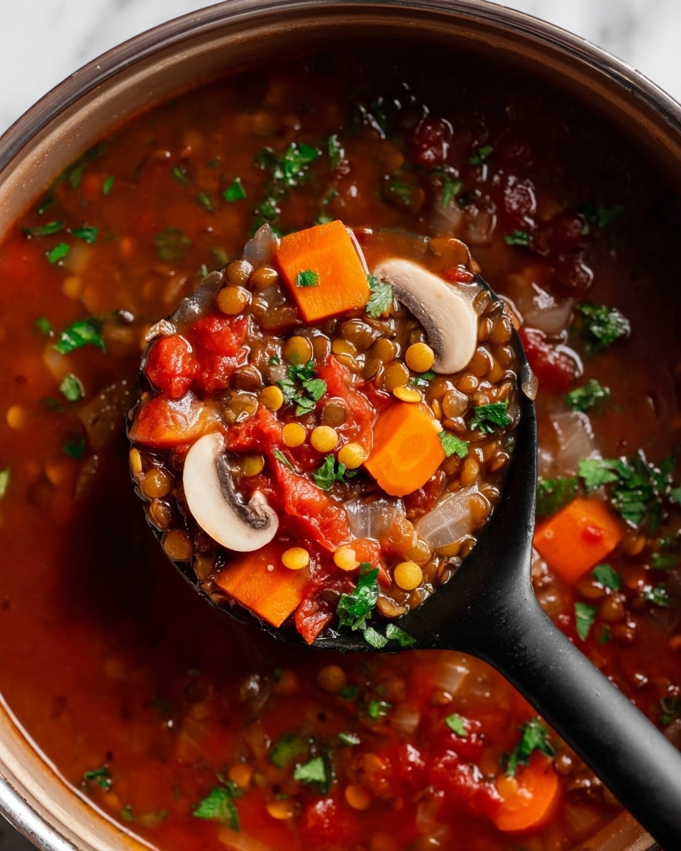A close-up view of a cooking pot filled with a colorful vegetable soup, showing bright orange carrot chunks, scattered green herbs on top, small brown lentils throughout, and pieces of red onion and tomato in a rich broth. A wooden spoon with a black handle is inside the pot, resting among the ingredients. Next to the pot, a white speckled bowl with a black rim sits on a white marbled surface, and a white cloth napkin is partly visible on the right side. The scene has soft natural light. photo taken with an iphone --ar 4:5 --v 7