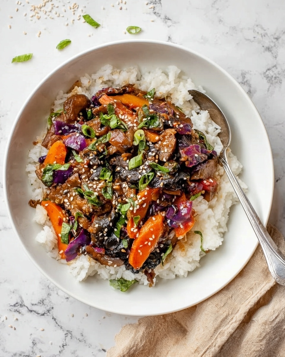 A close-up view of a white bowl filled with a colorful mix of chopped vegetables, including bright orange cubes, thin purple cabbage strips, sliced brown mushrooms, pinkish red onions, and chopped green onions scattered all over. A woman's hand is holding a small, round white container filled with a white liquid close to the bowl. The background has a white marbled texture. photo taken with an iphone --ar 4:5 --v 7