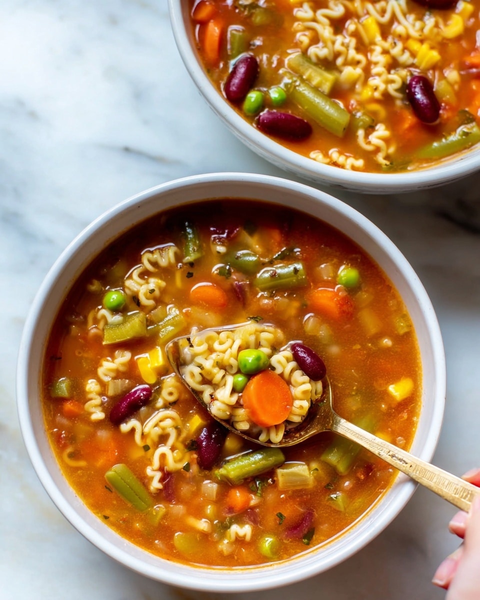 Two white bowls filled with thick vegetable soup sit on a white marbled surface. The soup has a rich orange broth and is full of colorful vegetables including green peas, yellow corn, green beans, orange carrots, red kidney beans, and small alphabet pasta pieces. One bowl is closer and topped with a gold spoon held by a woman's hand with white nail polish. The spoon holds some broth with alphabet pasta letters forming the word