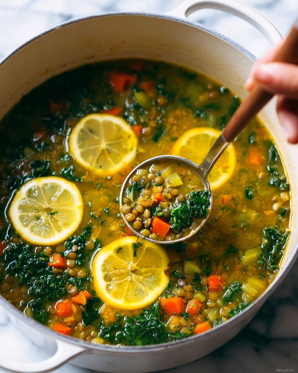 The image shows a white pot filled with a colorful soup made of several layers. The base layer is a clear yellow broth with some oil shining on the surface. Floating in the broth, there are small green lentils and bright orange carrot cubes scattered evenly. There are also dark green leafy pieces, likely kale, mixed throughout the soup, giving a fresh texture. Two thin slices of lemon with a pale yellow color rest on top, adding a bright contrast. A spoon is scooping some soup near the center, held by a woman's hand, creating movement in the image. The pot sits on a white marbled surface. Photo taken with an iphone --ar 4:5 --v 7