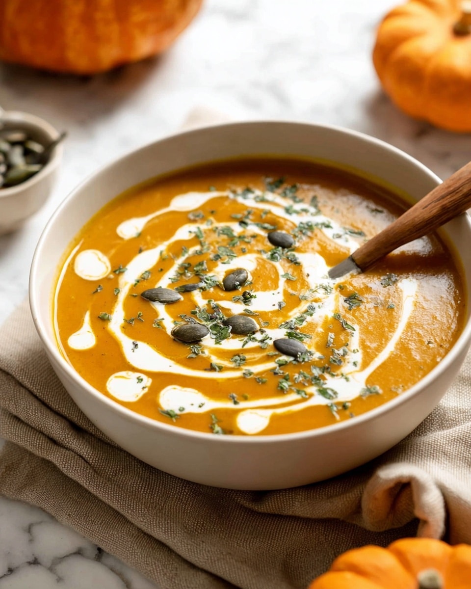 A bowl filled with smooth, orange pumpkin soup topped with swirls of white cream and sprinkled with green herbs and black pumpkin seeds, sitting on a white marbled surface with a beige cloth underneath and small pumpkins nearby; a wooden spoon rests inside the white bowl, partially immersed in the soup photo taken with an iphone --ar 4:5 --v 7