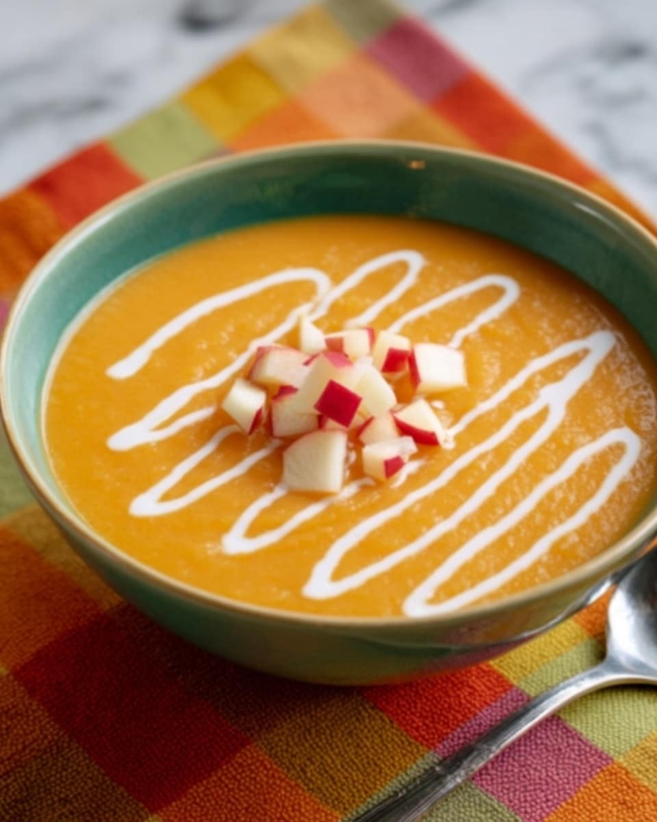 A bowl of smooth orange soup fills a round green bowl, placed on a white plate with a colorful striped cloth napkin underneath. On top of the soup, there are small cubes of red and white apple scattered in the center, and thin lines of cream drizzled horizontally across the surface. Next to the bowl on the plate, a spoon lies with its handle pointing upward. The setting rests on a white marbled texture surface. photo taken with an iphone --ar 4:5 --v 7