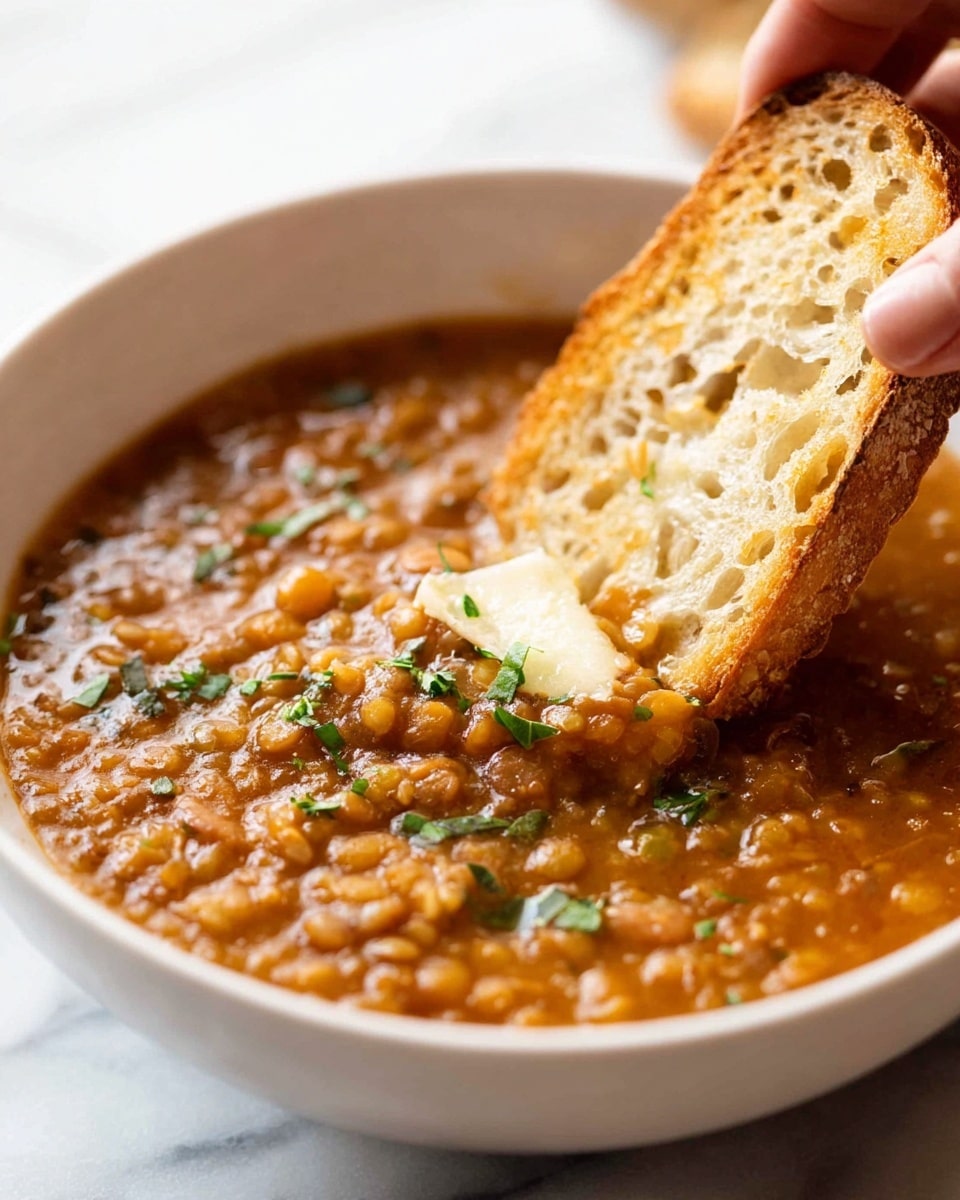 A white bowl filled with thick brown lentil stew, showing many small lentils mixed in a rich sauce with a slightly glossy texture. Small green herb bits are scattered on top. A toasted pale golden piece of bread is partially dipped into the lentils, held by a woman's hand, with a bit of the sauce soaking into the bread. The bowl is placed on a white marbled surface. Photo taken with an iphone --ar 4:5 --v 7