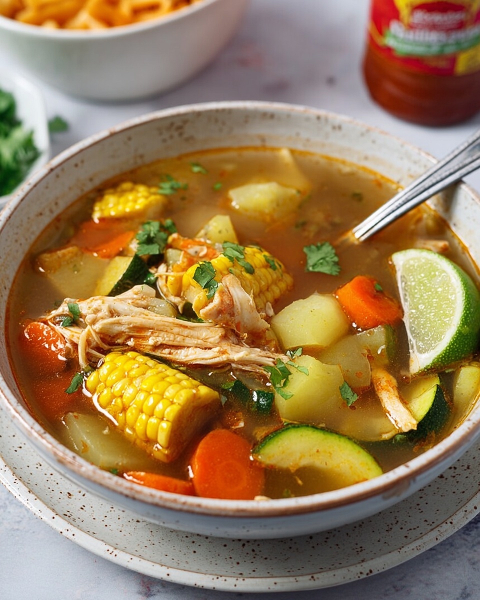 The image shows a bowl of clear chicken soup in a white bowl with an orange inside. The soup has visible layers of shredded light brown chicken pieces, bright orange carrot rounds, green zucchini chunks, pale celery slices, and a bright yellow piece of corn on the cob floating in a light golden broth. There is a lime wedge and green cilantro leaves on the side inside the bowl. A spoon with a silver handle rests inside the bowl. The background surface is a white marbled texture. photo taken with an iphone --ar 4:5 --v 7