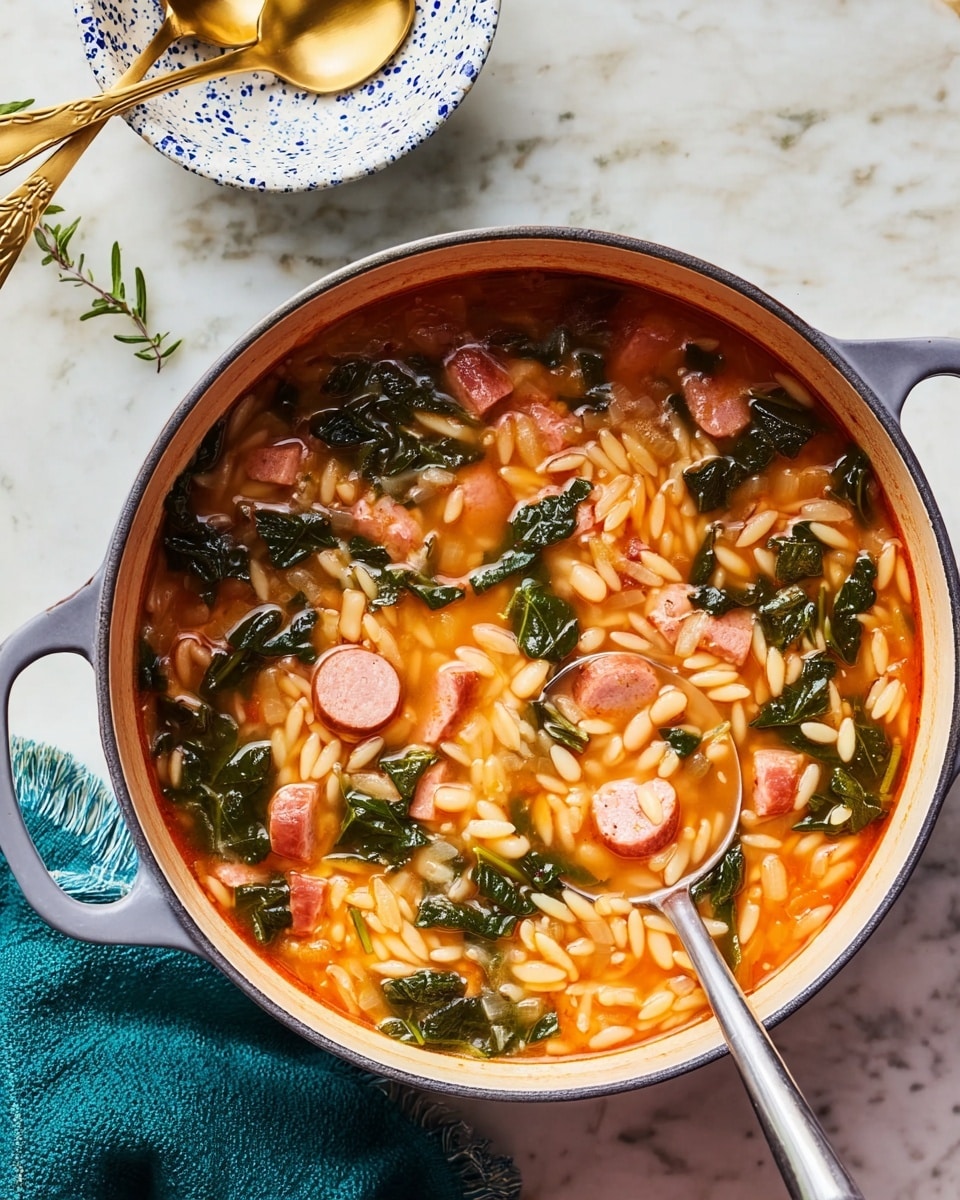 A large white pot filled with a thick soup made of small white beans, tiny rice-shaped pasta, chopped pink pieces of ham, and dark green leafy vegetables floating in a bright orange-red broth. The soup looks warm and hearty, with the ingredients evenly mixed through the liquid. A silver spoon rests inside the pot, partly submerged in the soup. The pot has light gray handles and is placed on a white marbled surface next to a teal cloth napkin and white bowls with blue speckles, one holding a golden spoon. Photo taken with an iphone --ar 4:5 --v 7