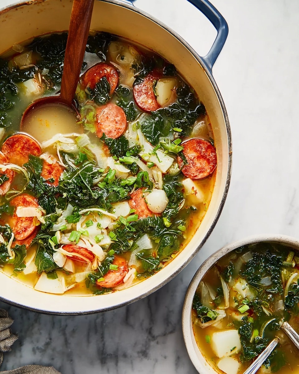 A large blue cooking pot filled with a clear soup containing three main layers: the first layer is a light golden broth with visible oil spots, the second layer has chopped green leafy vegetables and thin sliced onions floating in the broth, and the third layer shows sliced orange sausage pieces and small chunks of white potato spread evenly throughout. A wooden spoon rests inside the pot, partially submerged in the soup. Beside the pot sits a small bowl with the same soup, showing clear broth at the bottom, leafy greens and onions on top, and a few sausage and potato pieces, with a silver spoon in the bowl. The setup is on a white marbled surface, with a dark textured cloth partially visible under the pot. Photo taken with an iphone --ar 4:5 --v 7