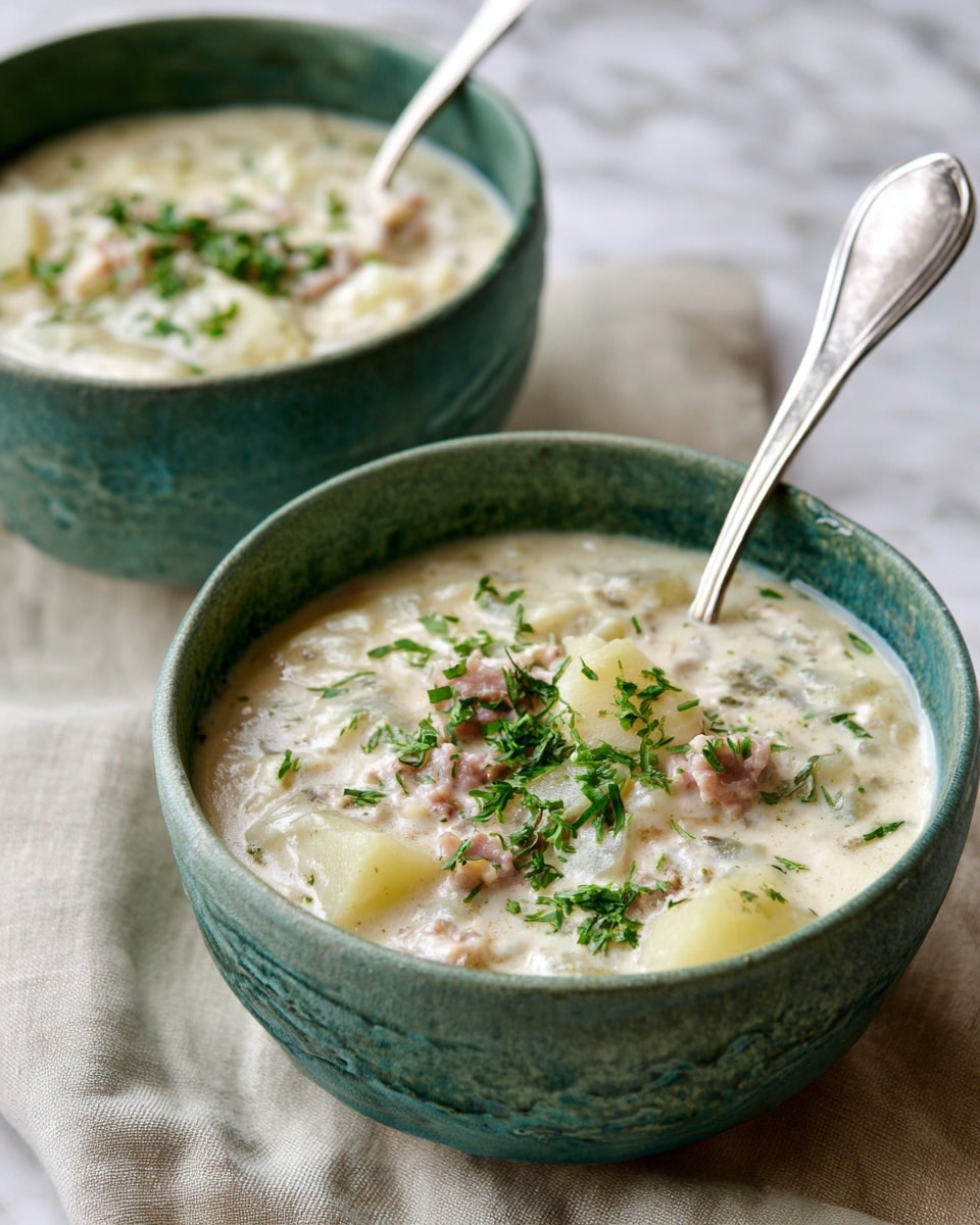 Two bowls of creamy soup filled with chunks of light beige potatoes and small pieces of pink meat, topped with bright green chopped herbs. The soup is thick and smooth with visible bits of soft ingredients throughout. Each bowl is white with a slight textured look, holding a shiny old-fashioned silver spoon resting inside. The bowls sit on a soft white cloth with blue stripes, placed on a white marbled surface. The overall colors are soft and natural with a cozy, warm feeling. Photo taken with an iphone --ar 4:5 --v 7