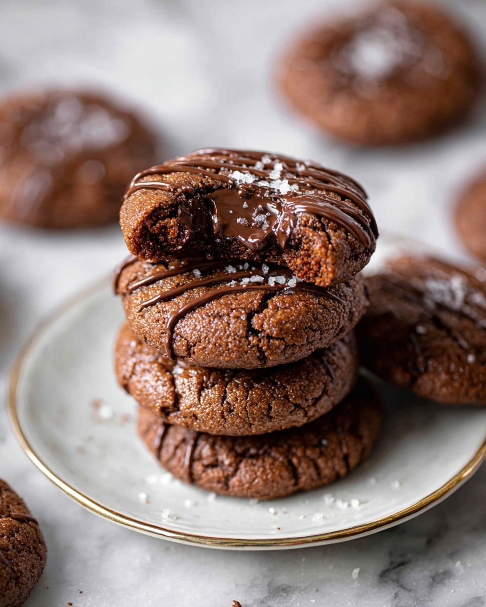A stack of four round, thick cookies sits on a white plate with a thin gold rim on a white marbled surface. The top cookie has a bite taken out, revealing a soft, dark chocolate inside. Each cookie has a deep brown color with a slightly cracked surface and a few lines of melted chocolate drizzled on top. There are small flakes of white salt sprinkled over the stack. In the background, more cookies are scattered out of focus. Photo taken with an iphone --ar 4:5 --v 7