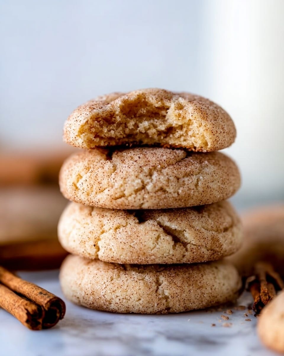 A close-up view of a stack of four round cookies with a light brown color and a cracked texture, sitting on a white marbled surface. The top cookie is broken in half, showing a soft inside with a slightly crumbly look. To the right of the stack, there are two cinnamon sticks lying loosely. The background is softly blurred, with warm light highlighting the cookies’ texture. photo taken with an iphone --ar 4:5 --v 7