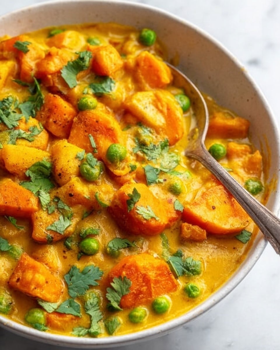 This image shows a close-up of a bowl of yellow curry with chunky pieces of orange sweet potatoes, green peas, and some red bell pepper pieces, all mixed in a creamy yellow sauce. Fresh green cilantro leaves are scattered on top for garnish. A metal spoon is inside the bowl resting on the side. The bowl is white, sitting on a white marbled surface. Photo taken with an iphone --ar 4:5 --v 7