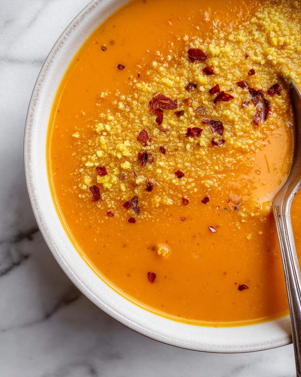 A close-up view of a bowl filled with thick, smooth, bright orange soup. The soup covers the bowl in one even layer and is topped with a thin layer of yellow crumbly flakes and scattered small pieces of dark red chili flakes. A silver spoon is partially dipped in the soup on the right side of the bowl, showing the creamy texture. The bowl itself is white with a thin brown rim, placed on a white marbled surface. Photo taken with an iphone --ar 4:5 --v 7