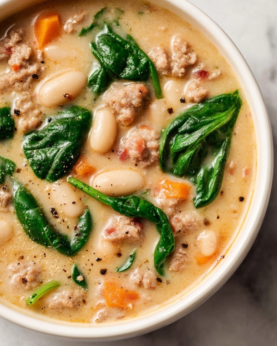 A close-up view of a white bowl filled with a creamy soup that has a thick light yellow base. The soup has chunks of light brown meat, bright orange carrot pieces, and scattered white beans throughout. Large green spinach leaves float on top, adding a fresh touch. A silver spoon rests inside the bowl on the right side. The bowl is placed on a white marbled surface with a second similar bowl partially visible in the background. photo taken with an iphone --ar 4:5 --v 7