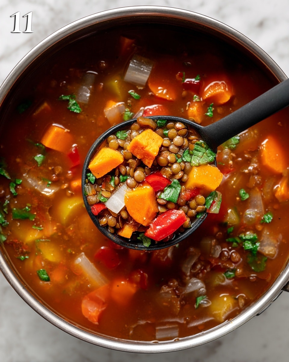 A clear glass container is filled with lentil and sweet potato soup, showing a mix of large orange sweet potato chunks, small round brown lentils, cut green celery sticks, and pieces of translucent purple onion all in a reddish broth. Fresh green parsley leaves are scattered on top, adding a bright contrast. The container is placed on a white marbled surface. The lid is slightly open and has a white label with handwritten text. Photo taken with an iphone --ar 4:5 --v 7