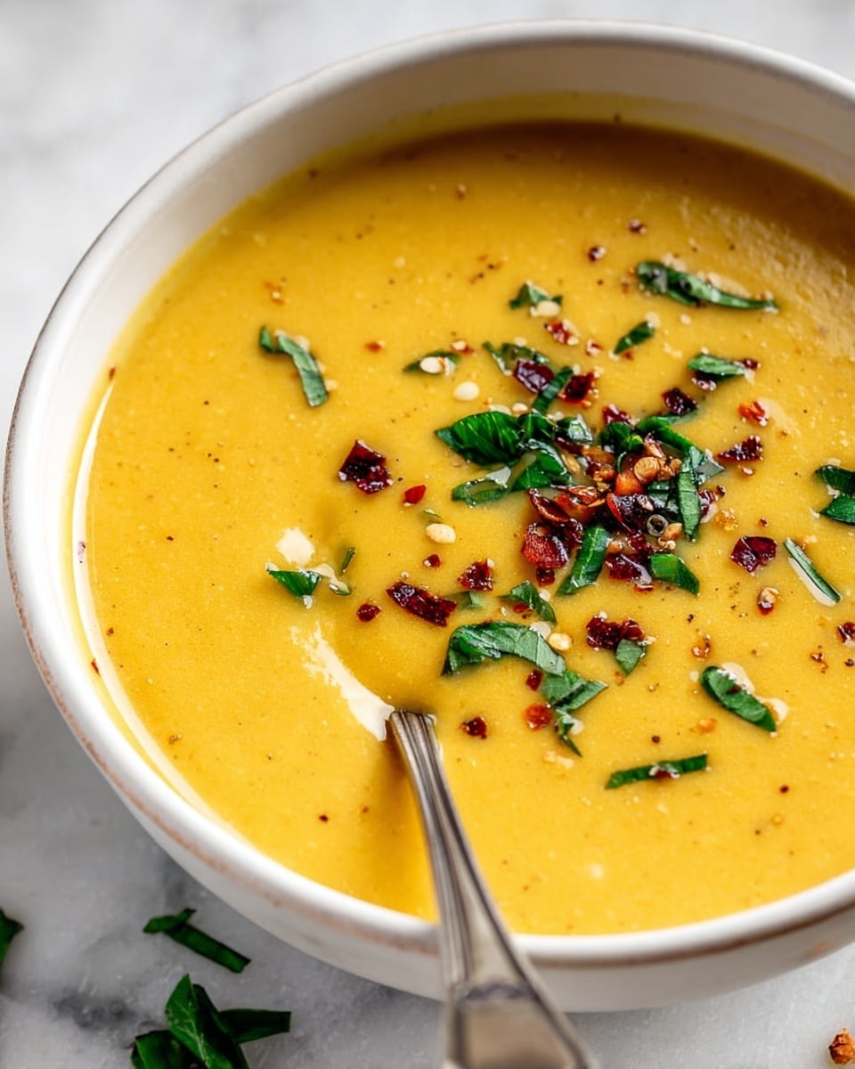A clear rectangular plastic container filled with smooth, creamy pumpkin soup in a warm orange color, garnished with scattered small green herbs and tiny red chili flakes on top. The container is closed with a fitted lid that has black locks on the sides and a label reading