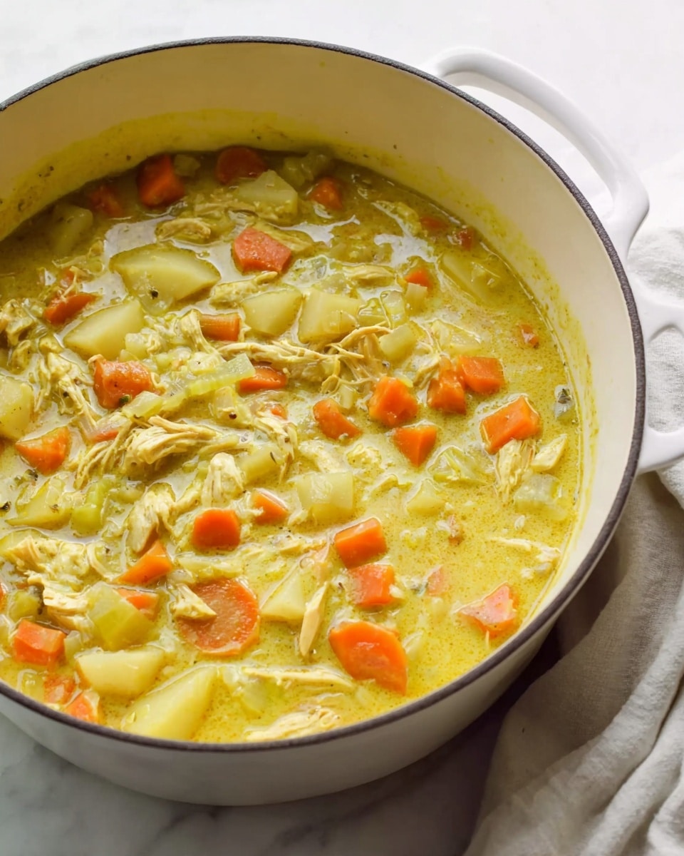 A white pot filled with thick yellow soup that has small orange carrot pieces, light green celery bits, and shredded light brown chicken mixed throughout. The soup looks creamy and chunky with visible small diced potatoes or similar vegetables in light yellow color. The pot is on a white marbled surface with a white cloth in the background. The texture of the soup is smooth with small soft chunks inside, and the pot has a handle on the side. Photo taken with an iphone --ar 4:5 --v 7