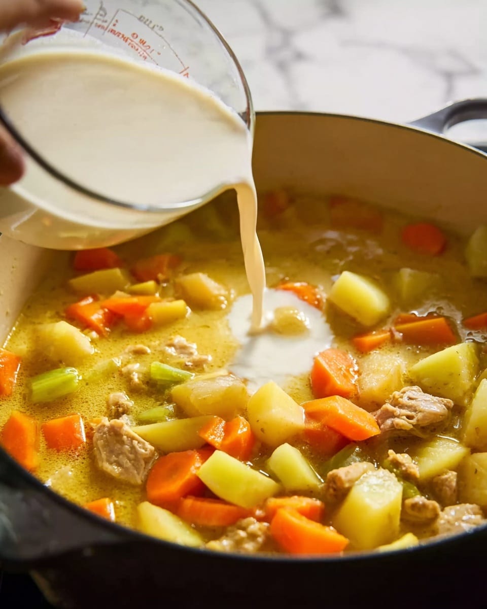 A white pot filled with chunky soup that has many small pieces of orange carrots, pale yellow potatoes, and light brown shredded chicken in a yellowish broth. Above the pot, a woman's hand holds a silver measuring cup pouring a thick white liquid into the soup. The surface under the pot is a white marbled texture. photo taken with an iphone --ar 4:5 --v 7