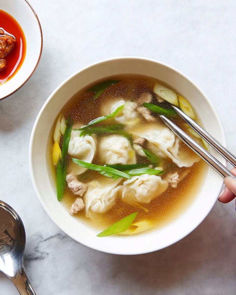 A white bowl filled with clear broth soup that has several white dumplings with soft folds floating on top. The soup also contains bright green scallion pieces and light shredded egg ribbons spread throughout. Small chunks of light brown meat are visible under and around the dumplings. The bowl sits on a white marbled surface next to a silver spoon and chopsticks with red floral designs. photo taken with an iphone --ar 4:5 --v 7