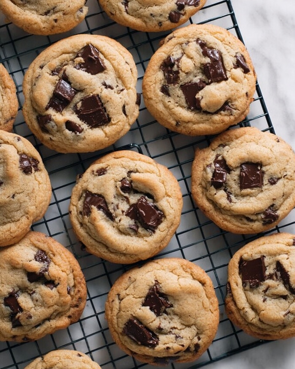 The image shows a group of chocolate chip cookies placed on a black wire cooling rack. Each cookie is round with a light brown, soft texture and has several large, dark chocolate chunks embedded on the surface, creating a slightly uneven look. The cookies have small cracks and a smooth slightly shiny top, indicating they are freshly baked. The wire cooling rack is set on a white marbled surface, adding a clean background that contrasts with the warm tones of the cookies. The focus is close, capturing the detailed texture of the cookies and the rack. photo taken with an iphone --ar 4:5 --v 7