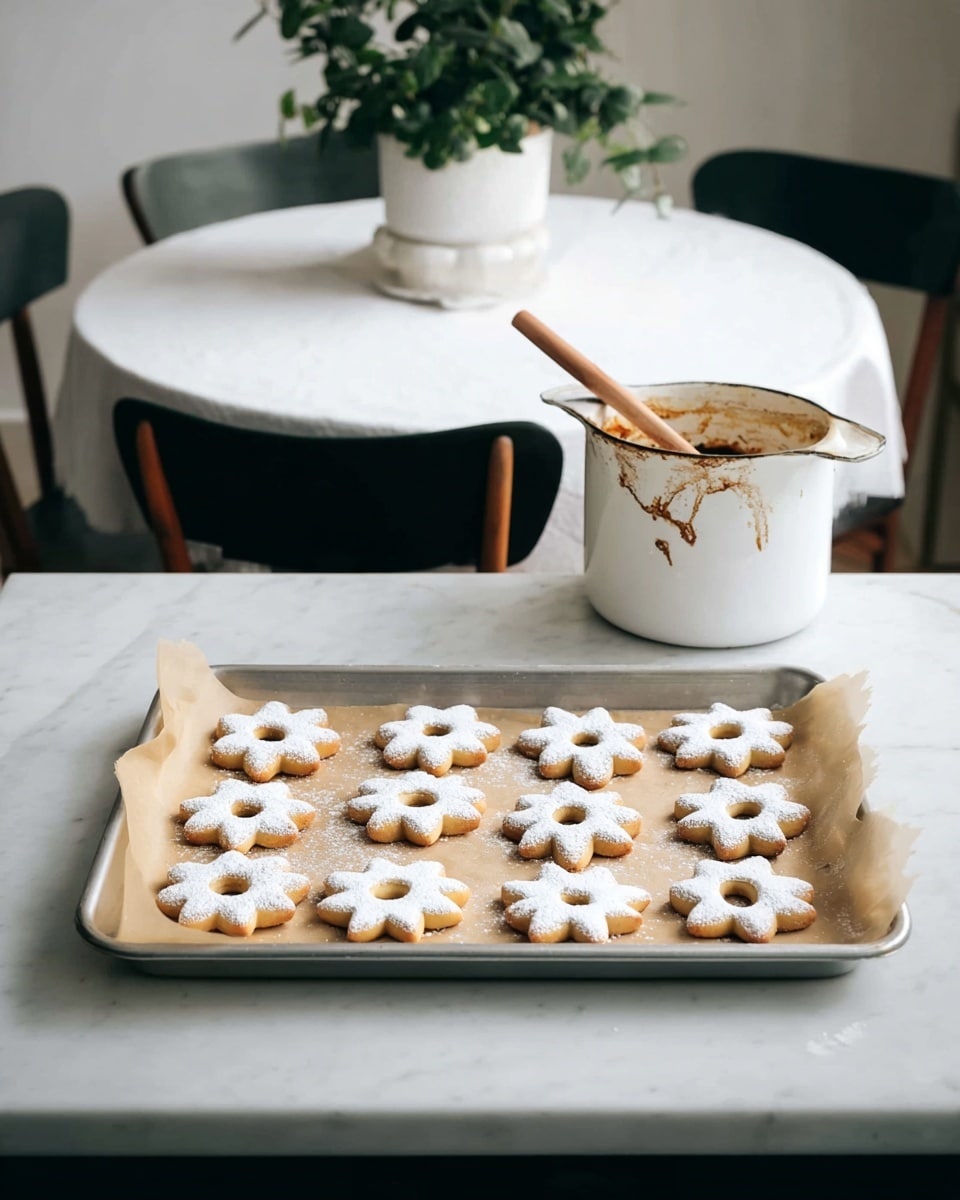 A silver baking tray with two rows of star and round-shaped sandwich cookies sits on a white marbled countertop. Each cookie has two light brown layers with a white powder-covered top layer that has a small hole in the center showing the creamy filling inside. Next to the tray on the countertop is a white pot with orange sauce stains on the outside and a wooden spoon inside it. In the background, there is a white round table covered with a white cloth, two black chairs, and a white pot with a green leafy plant on the table. photo taken with an iphone --ar 4:5 --v 7