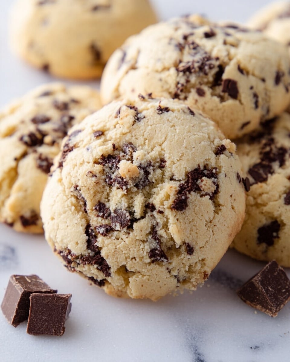 A close-up view of a round cookie ball that has a rough, cracked light beige surface dotted with small dark chocolate pieces spread evenly throughout. The texture looks soft but firm, with tiny visible cracks showing its dense inside. Surrounding the main cookie are parts of other similar cookies all resting on a white marbled surface with scattered dark chocolate chips to the side. Photo taken with an iphone --ar 4:5 --v 7