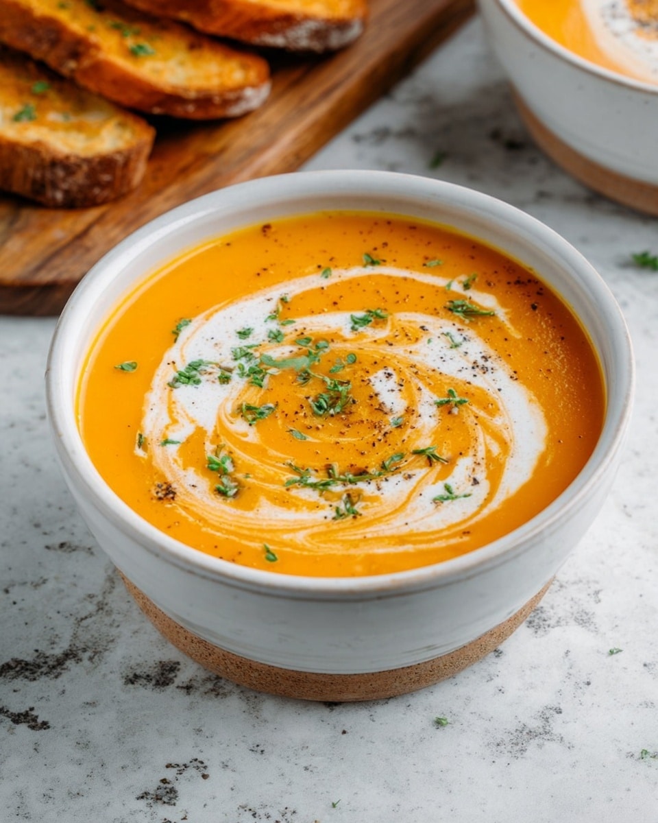 A white speckled bowl filled with smooth, bright orange soup with a creamy white swirl on top. The swirl creates a spiral pattern over the soup’s surface. Small green herb pieces and a few black pepper specks are scattered on the soup, adding contrast. The bowl sits on a white marbled surface. Part of another identical bowl with the same soup and swirl is visible in the background. Toasted round bread slices are placed on a wooden board nearby, adding warm golden brown tones to the scene. Photo taken with an iphone --ar 4:5 --v 7