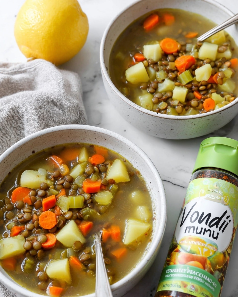 The image shows two white bowls filled with lentil soup, each containing three visible layers: the bottom layer is a clear broth with a light golden color, the middle layer is made up of diced orange carrots and light yellow potatoes, and the top layer features brown lentils scattered evenly throughout. One bowl has a silver spoon resting inside it. Both bowls are placed on a white marbled surface, next to a beige cloth napkin and a green and white seasoning bottle labeled