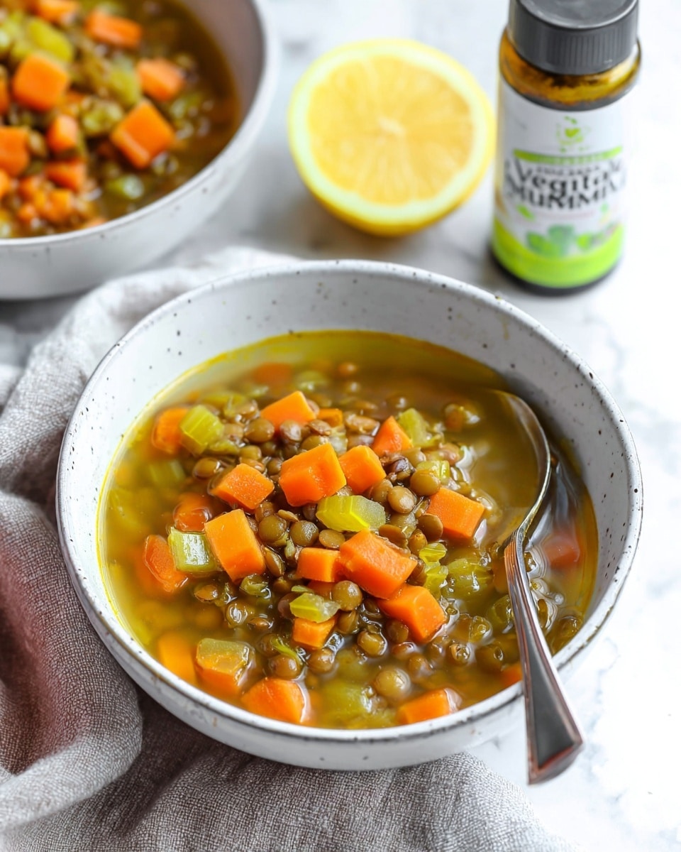 A white bowl filled with a vegetable soup showing three clear layers; at the bottom is a light clear broth with a slight oily shine, above it are many small green lentils floating, and on top are bright orange carrot chunks and pale green celery pieces evenly mixed, with a silver spoon placed inside the bowl on the left side. The bowl sits on a white marbled surface next to a beige cloth and parts of a lemon and a green and white bottle are visible near the top edge of the image. Photo taken with an iphone --ar 4:5 --v 7