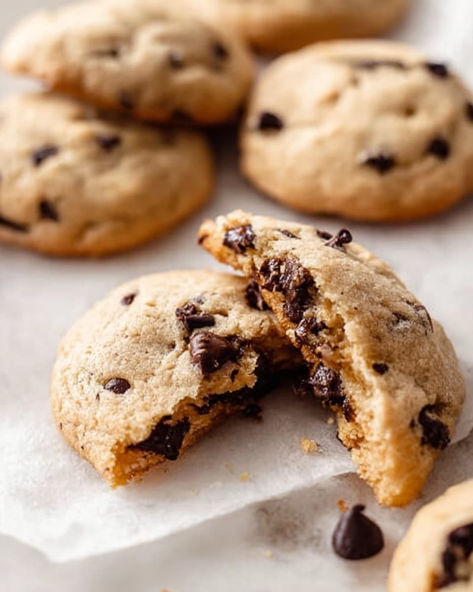 The image shows a cooling rack with ten round chocolate chip cookies arranged randomly across it. The cookies are golden brown with a soft texture, each studded with dark chocolate chips scattered unevenly on the surface. To the right of the rack on a white marbled surface, there are loose chocolate chips and a metal ice cream scoop placed casually. The overall setting is bright and clean, highlighting the warm, inviting look of the freshly baked cookies. Photo taken with an iphone --ar 4:5 --v 7