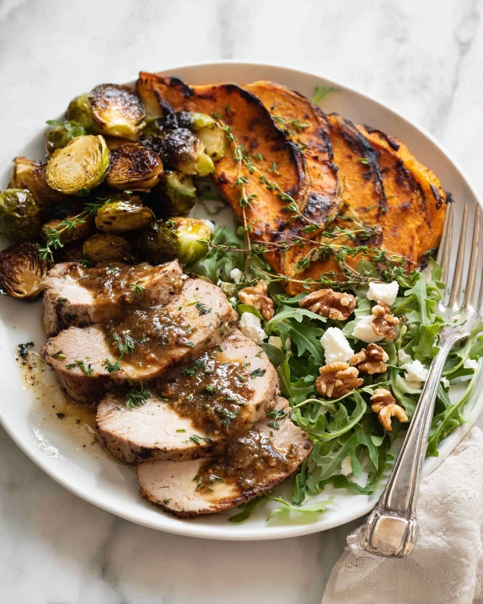 A white plate sits on a white marbled surface filled with three main layers of food. The bottom layer shows three slices of cooked chicken with a light golden brown color and a slight glaze of herbs and sauce. To the upper left side of the chicken, there are charred Brussels sprouts, showing a mix of green and dark brown from roasting. On the right side of the plate, there are thick slices of roasted sweet potato with a rich orange color, topped with crumbled white cheese and small green leafy arugula. A vintage silver fork rests beside the chicken on the plate. Photo taken with an iphone --ar 4:5 --v 7