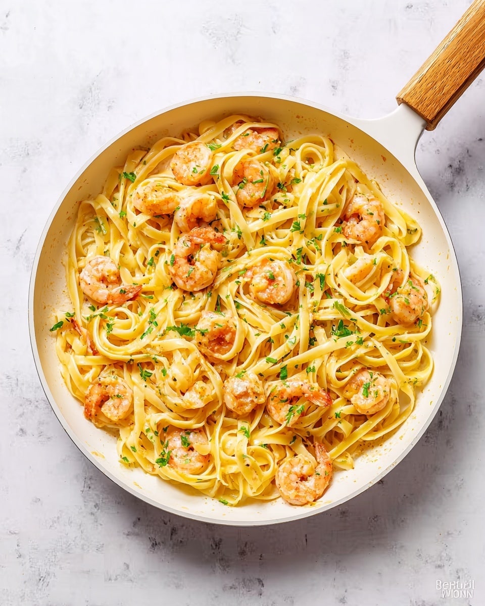 A white pan with a wooden handle holds cooked fettuccine pasta mixed evenly with small orange shrimp scattered throughout. The pasta is light yellow and smooth, with a few bright green parsley leaves sprinkled on top for color. The shrimp have a slight shine, and the dish looks fresh and well mixed. The pan is on a white marbled surface. Photo taken with an iphone --ar 4:5 --v 7