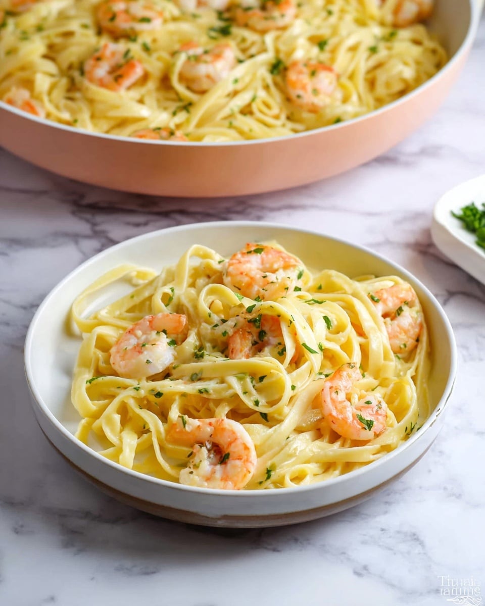 A white round plate holds a serving of fettuccine pasta mixed with several pieces of cooked shrimp. The pasta is light yellow and smooth, sitting in soft loops and twists across the plate. The shrimp are pink-orange with small black pepper specks, scattered evenly on top and mixed into the pasta. Green parsley bits are sprinkled on the pasta and shrimp, adding small spots of color. In the background, a large pan full of the same pasta and shrimp sits on a white marbled surface. Photo taken with an iphone --ar 4:5 --v 7