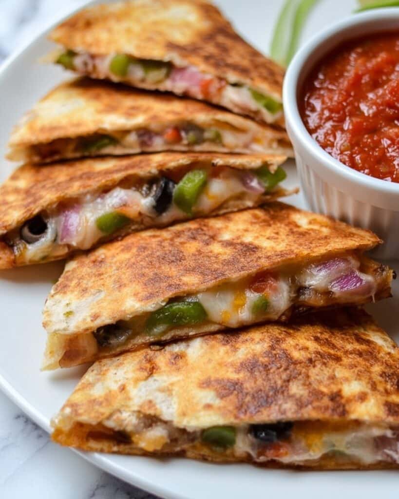 Cheesy Pepperoni Pizzadillas with Veggie Toppings and Dipping Sauce Recipe