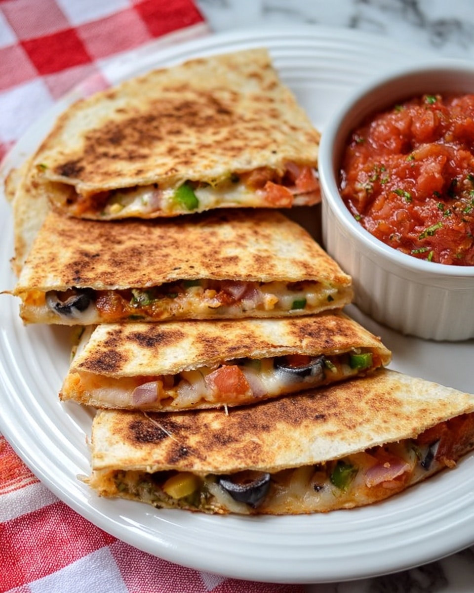 The image shows a white plate with five triangular pieces of quesadilla stacked in layers, each piece revealing melted white cheese mixed with green bell peppers, black olives, onions, and small bits of tomato inside a golden-brown toasted tortilla. To the side is a white bowl filled with bright red salsa. The plate sits on a white marbled surface with a red and white checkered cloth partially visible underneath. Photo taken with an iphone --ar 4:5 --v 7