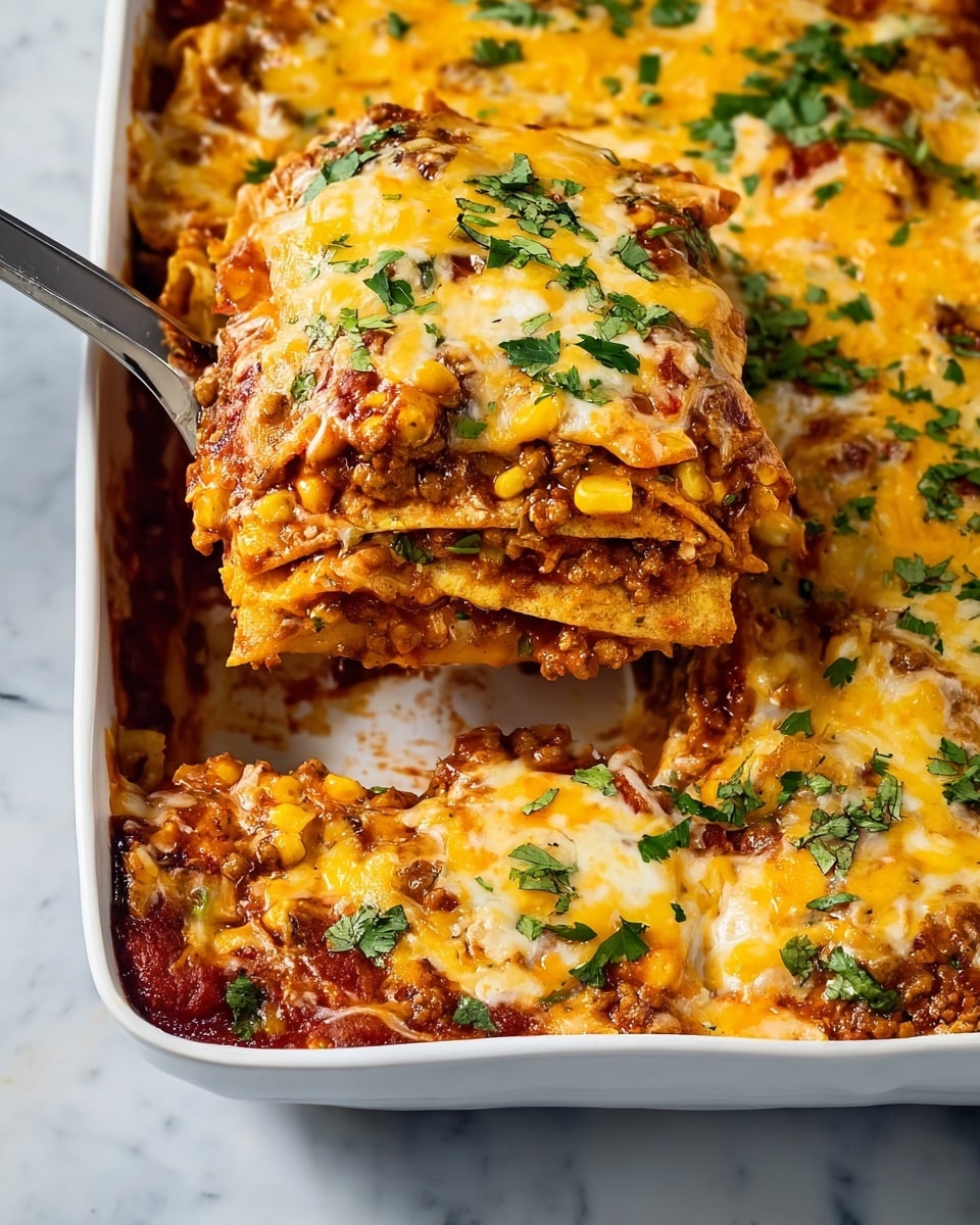 A white rectangular baking dish filled with layered enchiladas, showing at least three visible layers: a base of folded tortillas soaked in reddish-brown sauce, a middle layer of seasoned filling with bits of corn and possibly meat, and a top layer covered in melted yellow and white cheese, sprinkled with chopped fresh green herbs. One square piece is being lifted by a white spatula, revealing the gooey, cheesy texture dripping down and the rich sauce pooled around the edges of the enchiladas, all placed on a white marbled surface. photo taken with an iphone --ar 4:5 --v 7