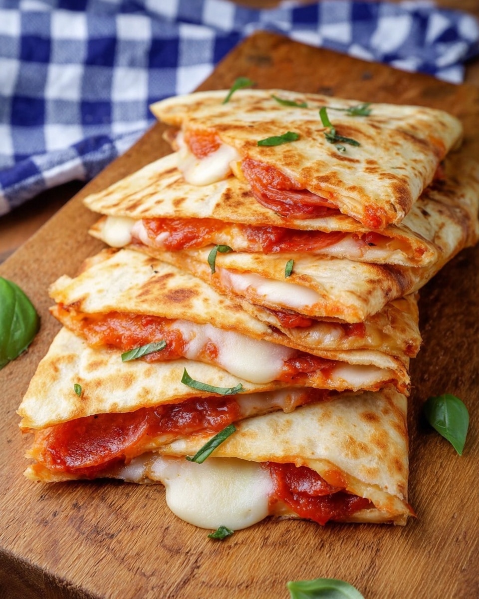 The image shows four folded quesadillas stacked on a wooden board, each quesadilla made of a golden-brown toasted tortilla that is slightly crispy with some spots darker than others. Inside each quesadilla, there is a visible layer of melted white cheese mixed with a rich red tomato sauce, along with small pieces of pepperoni. The filling is oozing out from the edges, showing a stretchy and soft texture. Small green basil leaves are sprinkled throughout the scene, both on top and around the quesadillas. The background features a blurry checkered blue and white cloth. Photo taken with an iphone --ar 4:5 --v 7