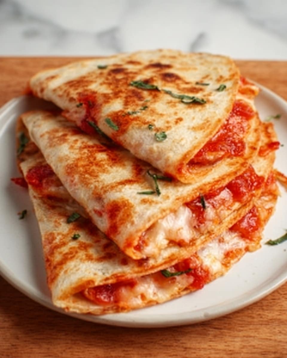 The image shows three folded quesadilla slices stacked in a slightly overlapping way on a white marbled surface. Each quesadilla has a golden-brown toasted exterior with some bubbly darker spots. Inside, melted white cheese oozes out with visible red tomato sauce and small pieces of green herbs sprinkled on top and around the quesadillas. The quesadilla layers are thin but thick enough to show the warm fillings inside, and a woman's hand is reaching slightly from the top left side to hold one slice. Photo taken with an iphone --ar 4:5 --v 7
