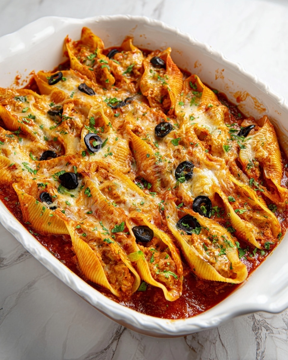 A white baking dish filled with two layers of wide pasta shells, each shell coated in a rich red tomato sauce and stuffed with a cheesy filling. The top layer is covered with melted golden cheese that has browned slightly around the edges. Black olive slices are scattered across the shells, adding contrast, while fresh green herbs and finely chopped green onions are sprinkled over everything as garnish. The baking dish rests on a white marbled surface. photo taken with an iphone --ar 4:5 --v 7