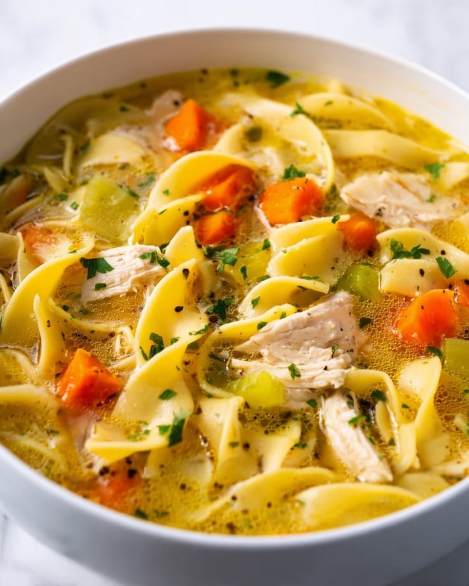 A white bowl filled with a creamy soup showing three main layers; the top layer has bright orange carrot chunks spread across the surface, mixed with bright green parsley bits. The middle layer has wide yellow egg noodles curling and twisting throughout the soup. The bottom layer contains tender pieces of light brown shredded chicken and diced celery in soft green. The soup broth is a light yellow color with a slightly creamy texture, visible between and around the solid ingredients. The bowl sits on a white marbled surface. photo taken with an iphone --ar 4:5 --v 7