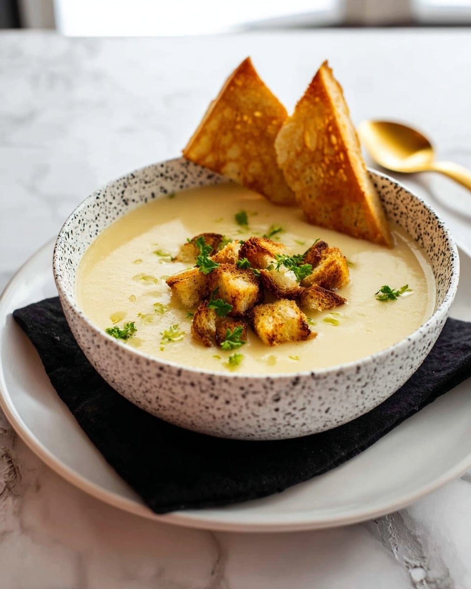 A white bowl with black speckled dots holds a smooth, creamy pale yellow soup, almost filling the bowl. On top, there is a small pile of golden brown bread cubes with a slightly crisp texture, garnished with green parsley leaves. The bowl sits on a plain white plate, which rests on a black cloth napkin. To the left, two pieces of toasted bread with a golden brown crust lean against the plate. The setting is on a white marbled surface with a gold spoon placed in the background. photo taken with an iphone --ar 4:5 --v 7