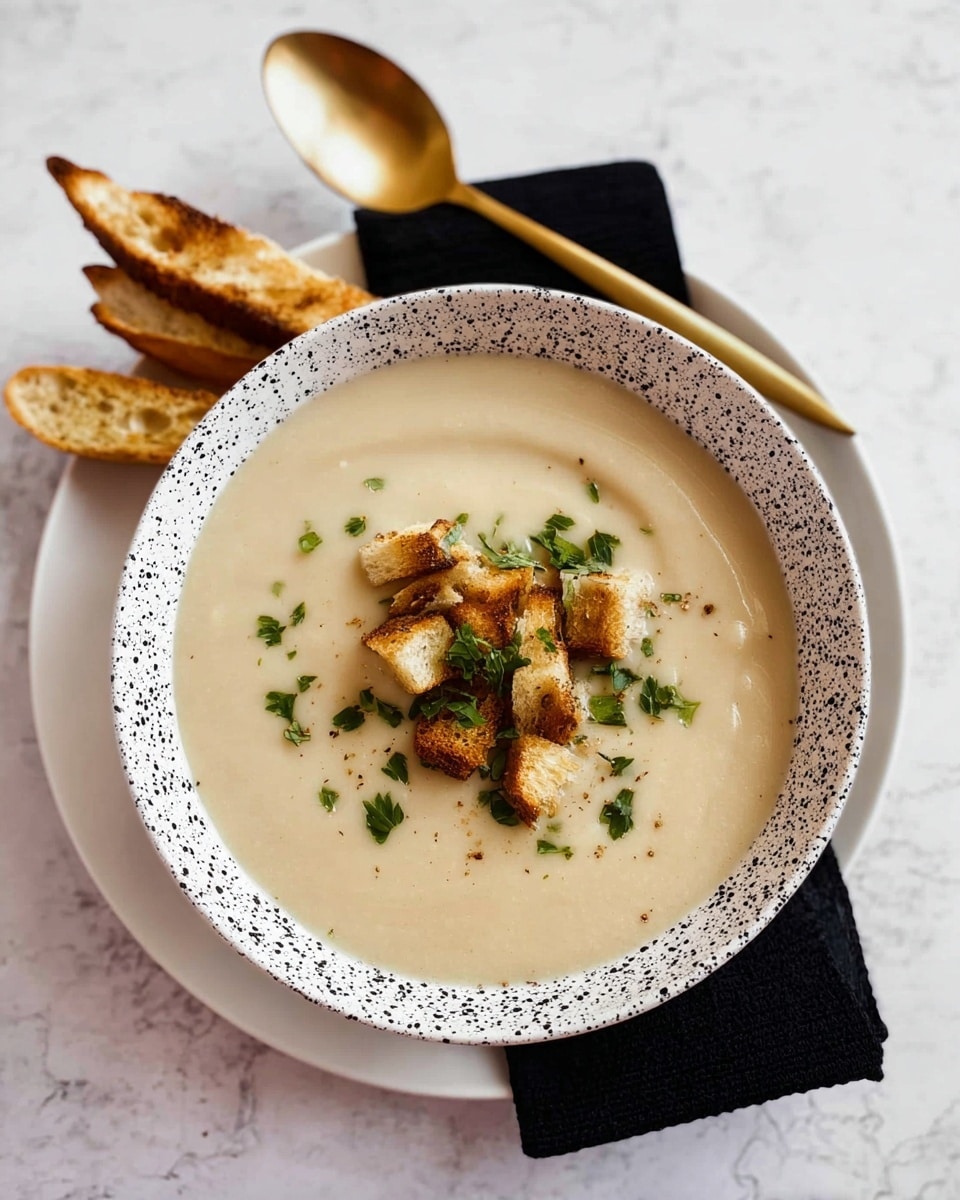 A white bowl with black speckles on the rim is filled with smooth beige soup, topped with several pieces of golden brown toasted bread cubes and small green parsley leaves. The bowl sits on a plain white plate, which rests on a folded black cloth on a white marbled surface. Behind the bowl, there are two thin slices of toasted bread and a gold spoon is placed diagonally at the top. photo taken with an iphone --ar 4:5 --v 7