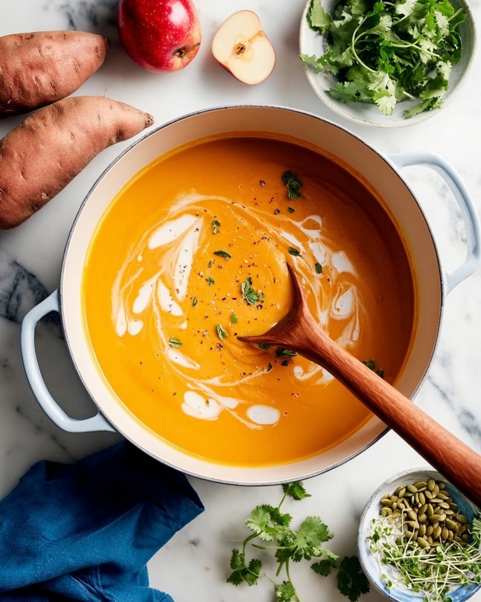 The image shows a white pot filled with smooth bright orange soup, swirled with white cream and topped with a light sprinkle of black pepper. A wooden spoon rests inside the pot, partially dipped in the soup. Around the pot, there is a white marbled surface with a small white bowl of green pumpkin seeds to the top left, two slices of crusty bread to the top right, and a wooden spoon with fresh green sprouts at the bottom left. A blue cloth napkin is partially visible at the bottom right. The lighting is soft, highlighting the creamy texture of the soup and the fresh ingredients around it. photo taken with an iphone --ar 4:5 --v 7