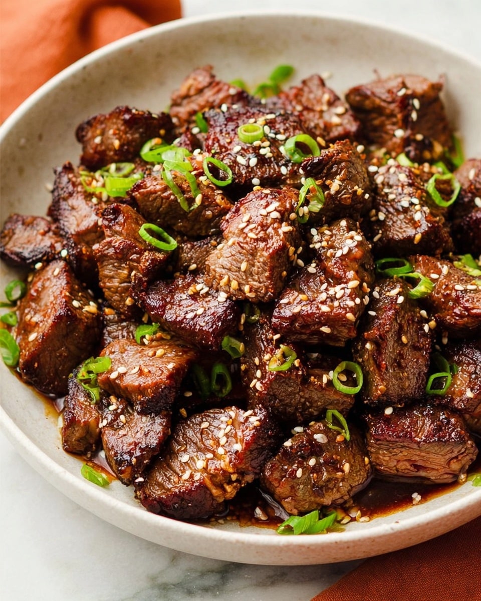 The image shows a white bowl filled with several pieces of cooked beef, each piece cut into thick cubes. The beef has a dark brown outer layer with a slightly pink center, showing it is cooked medium. The cubes are sprinkled with white sesame seeds and thinly sliced green onions, adding a fresh contrast to the rich meat. The beef looks glossy with a sticky, dark sauce coating each piece, pooling slightly at the bottom of the bowl. The bowl sits on a white marbled surface. photo taken with an iphone --ar 4:5 --v 7